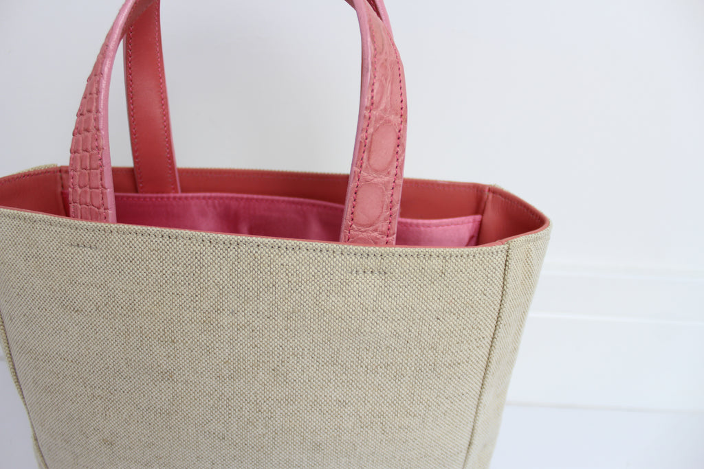 Prada Beige Canvas / Pink Logo Handbag