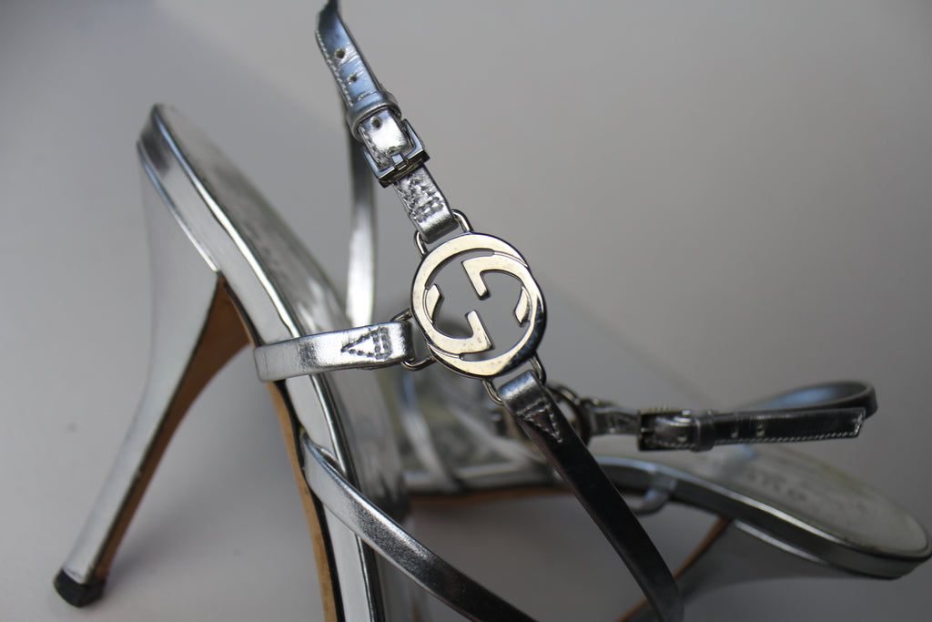 Gucci 1990's silver logo strappy heels EU 38.5