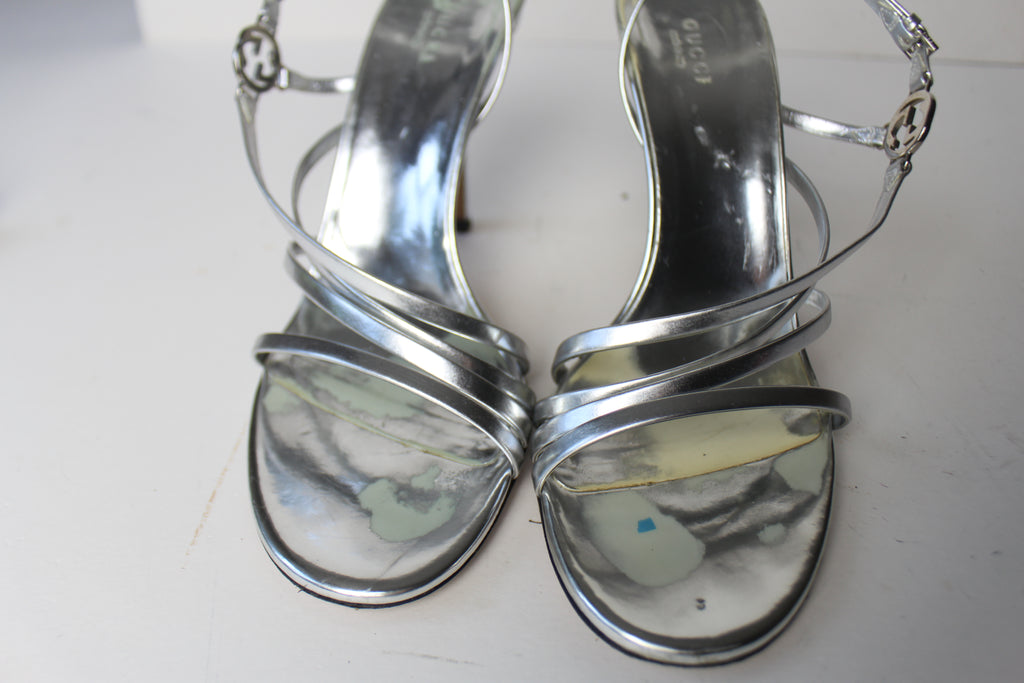 Gucci 1990's silver logo strappy heels EU 38.5