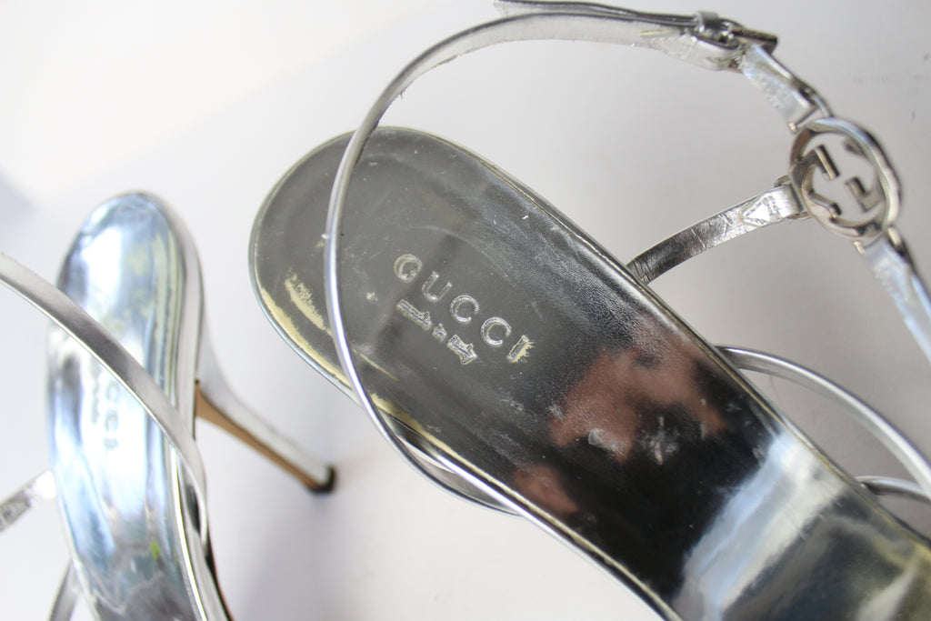 Gucci 1990's silver logo strappy heels EU 38.5