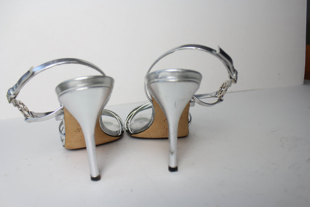 Gucci 1990's silver logo strappy heels EU 38.5