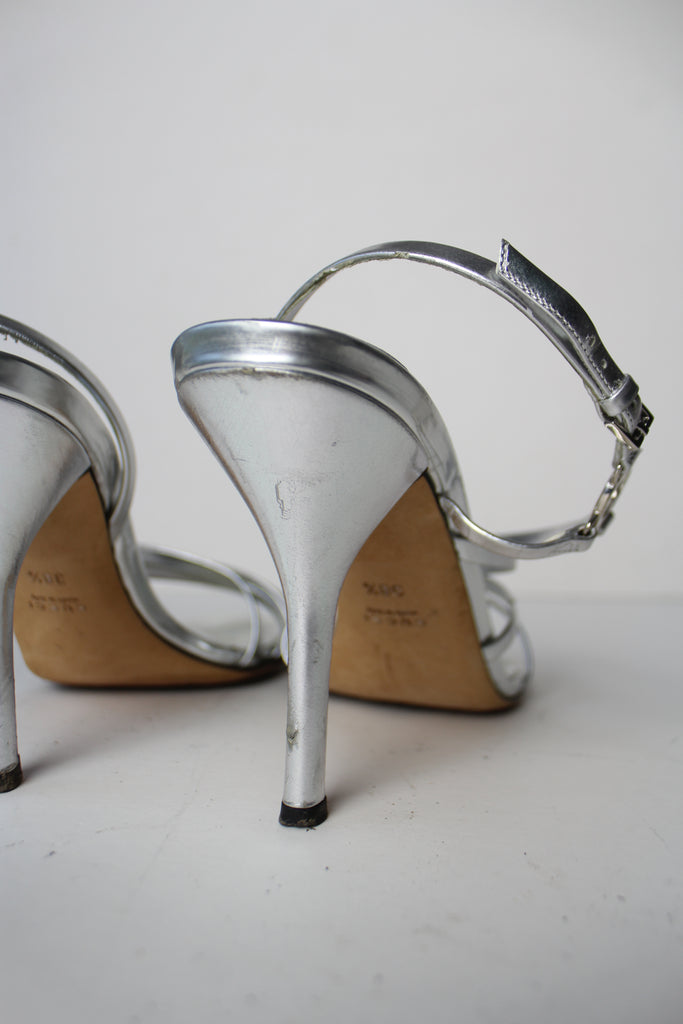 Gucci 1990's silver logo strappy heels EU 38.5