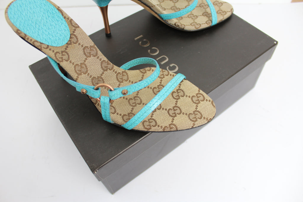 Gucci GG Logo Monogram & Turquoise Strappy Heels EU 37