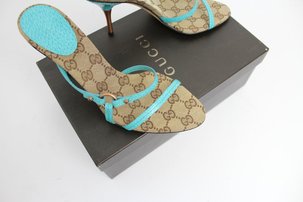 Gucci GG Logo Monogram & Turquoise Strappy Heels EU 37