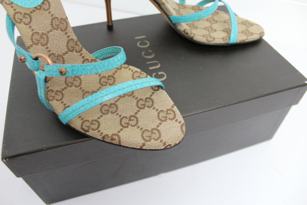 Gucci GG Logo Monogram & Turquoise Strappy Heels EU 37