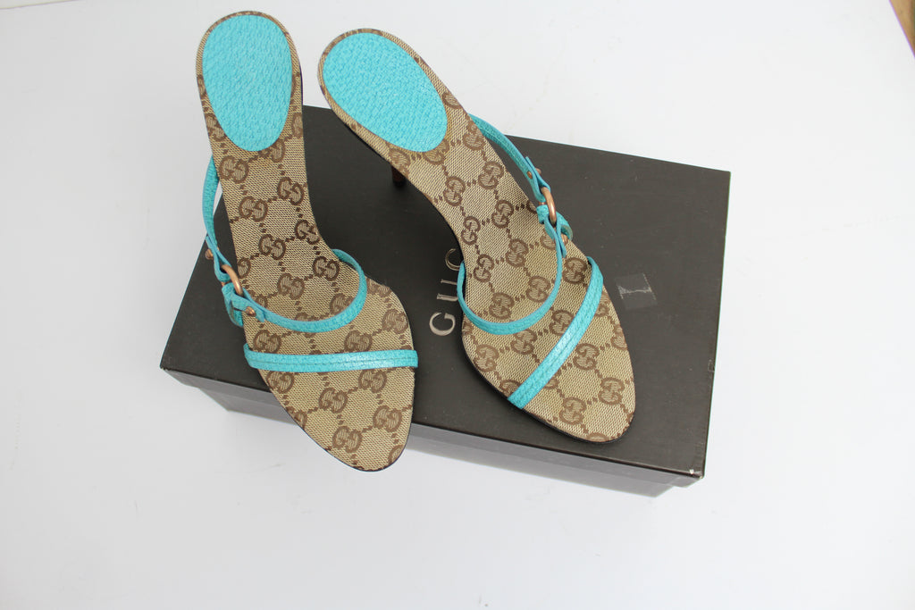 Gucci GG Logo Monogram & Turquoise Strappy Heels EU 37