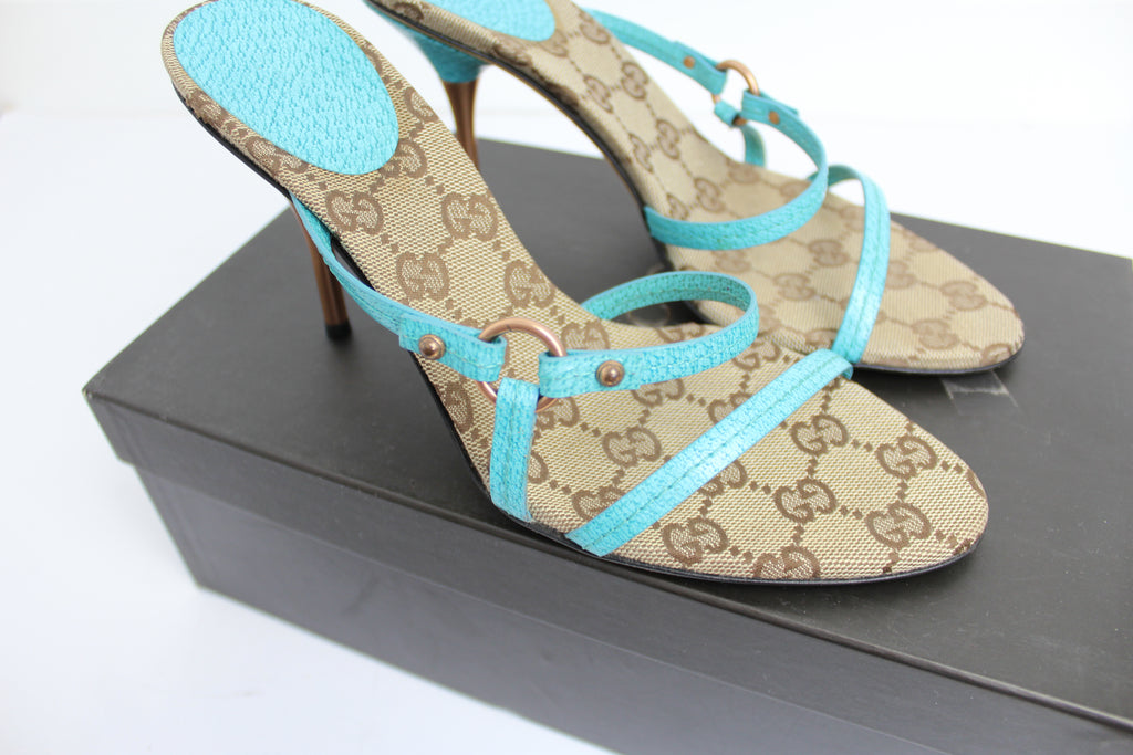 Gucci GG Logo Monogram & Turquoise Strappy Heels EU 37