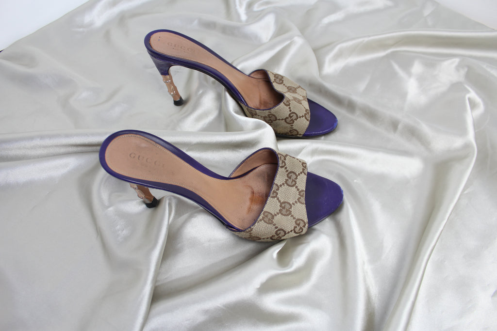 Gucci Purple Monogram Gold Bamboo Heels EU 36-37