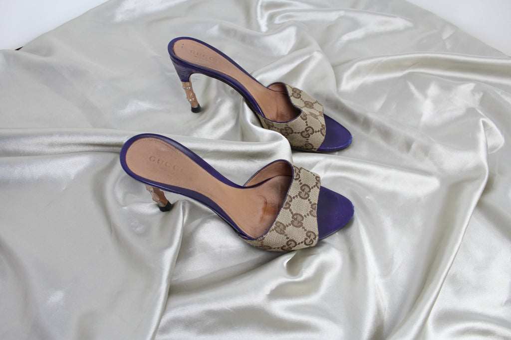 Gucci Purple Monogram Gold Bamboo Heels EU 36-37