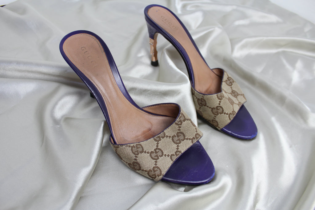 Gucci Purple Monogram Gold Bamboo Heels EU 36-37