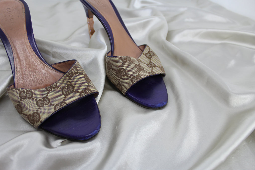 Gucci Purple Monogram Gold Bamboo Heels EU 36-37