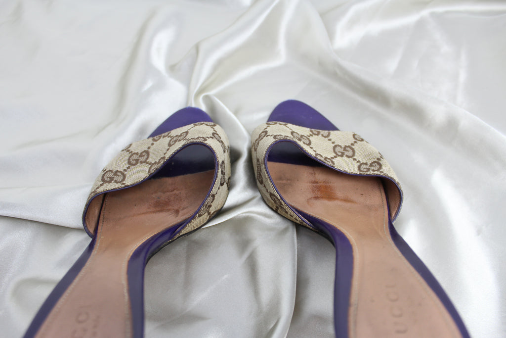 Gucci Purple Monogram Gold Bamboo Heels EU 36-37