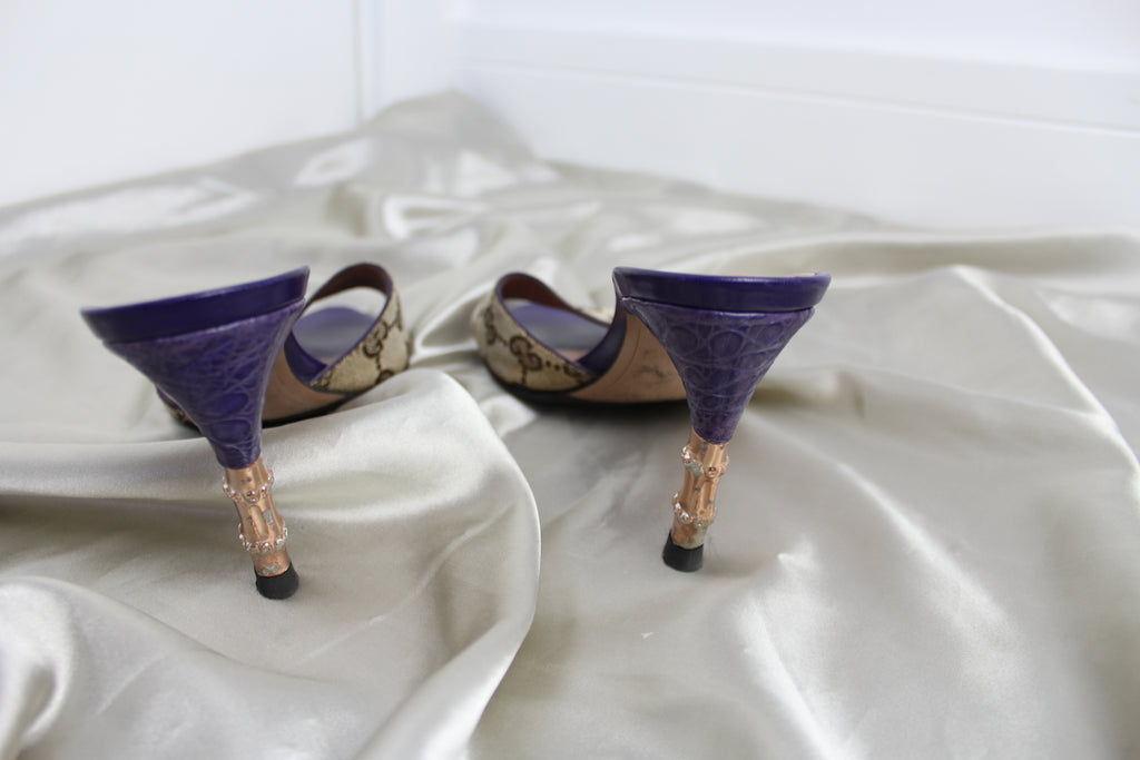 Gucci Purple Monogram Gold Bamboo Heels EU 36-37