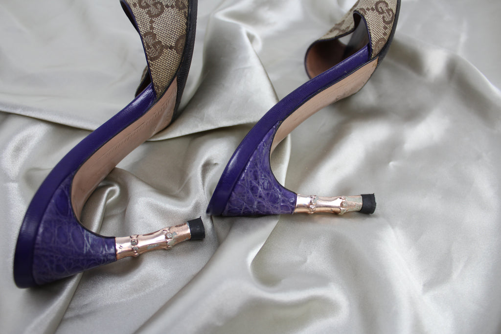 Gucci Purple Monogram Gold Bamboo Heels EU 36-37