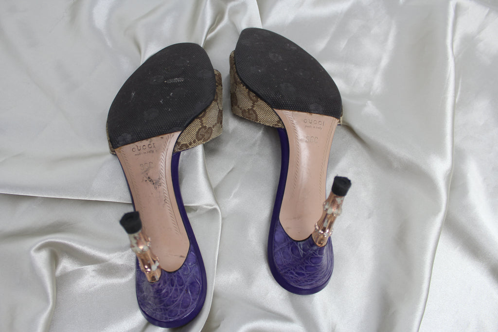 Gucci Purple Monogram Gold Bamboo Heels EU 36-37