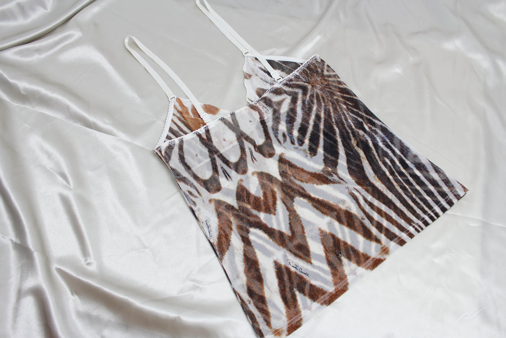 Roberto Cavalli Sheer Animal Print & Lace Cami Top