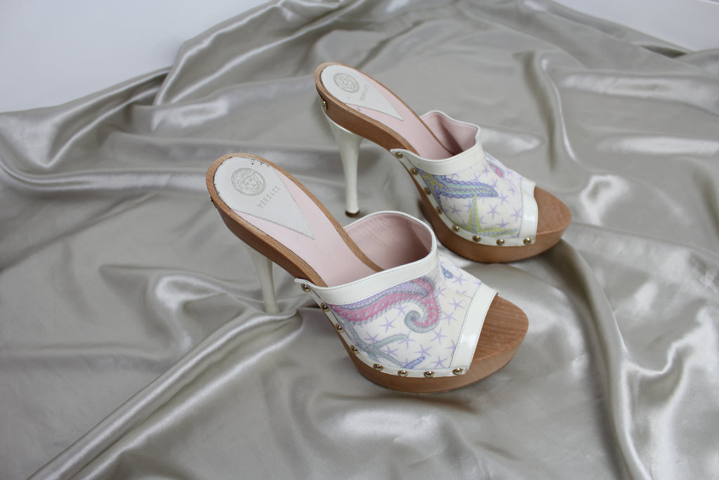 Versace Starfish Print Wooden Clog Mules EU 37.5 - 38