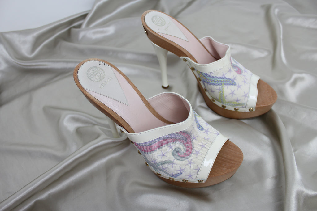 Versace Starfish Print Wooden Clog Mules EU 37.5 - 38