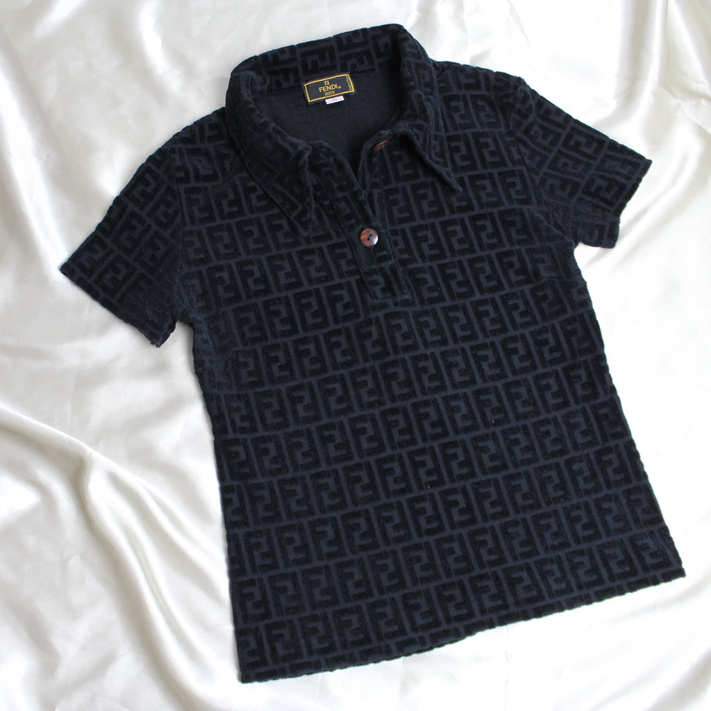 Fendi Zucca Logo Black Velour Polo Top XS