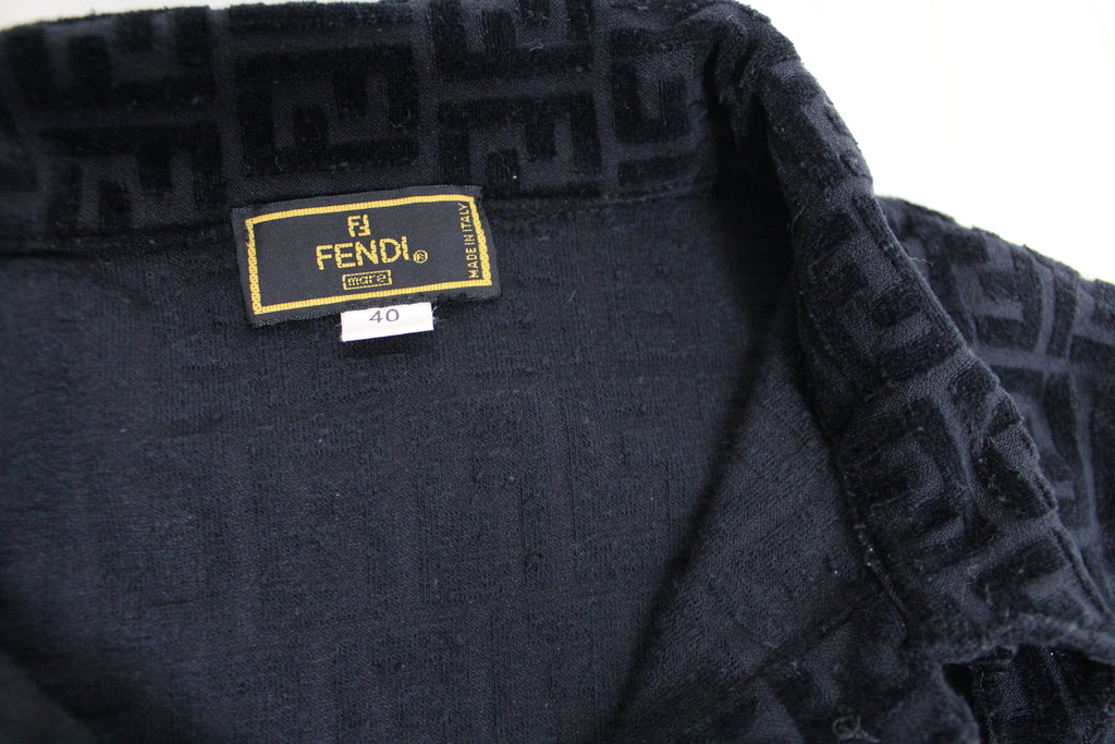 Fendi Zucca Logo Black Velour Polo Top XS