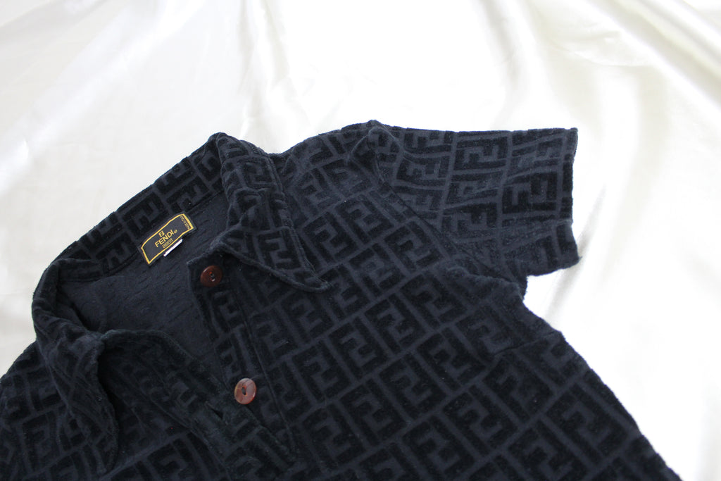 Fendi Zucca Logo Black Velour Polo Top XS