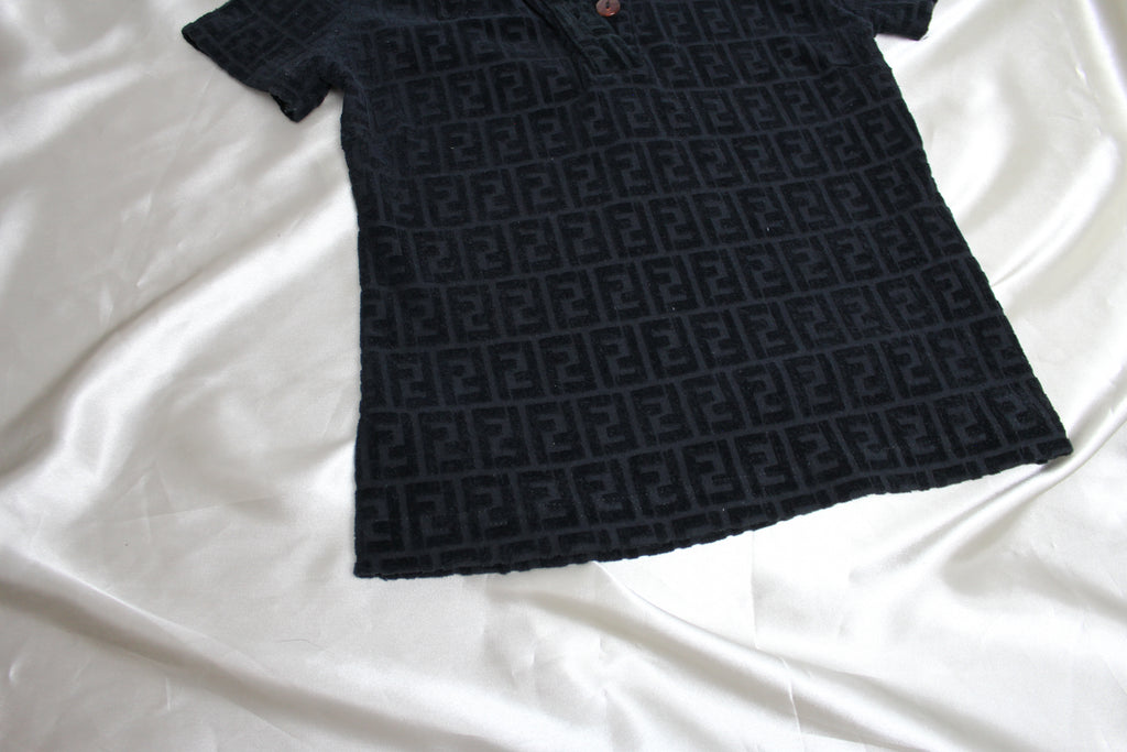 Fendi Zucca Logo Black Velour Polo Top XS