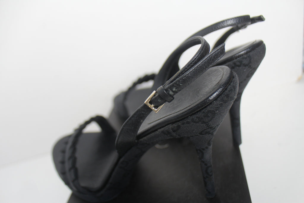 Gucci Black Monogram Heels with Leather Trim EU 37.5