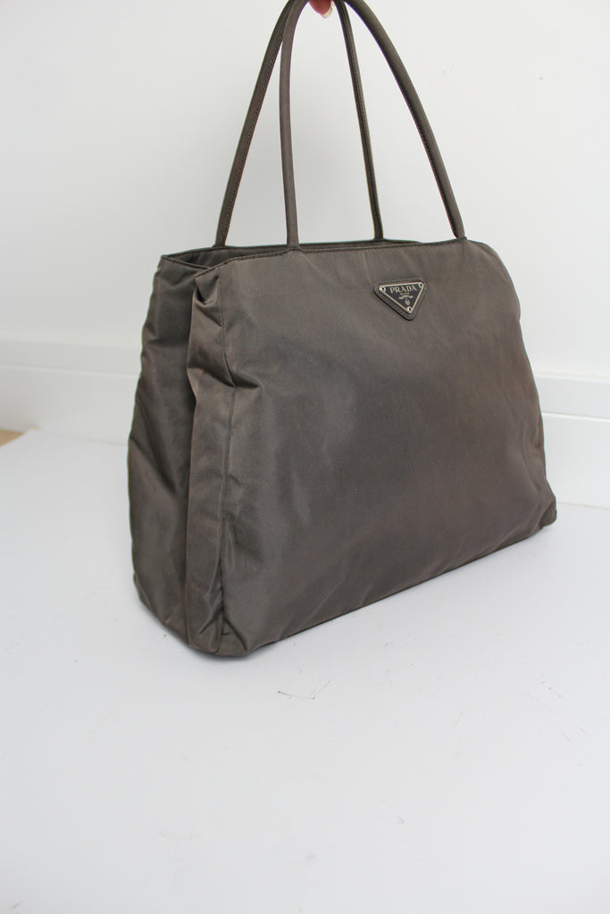 Prada Tessuto City Tote Bag in 'Smog' (Dark Brown)