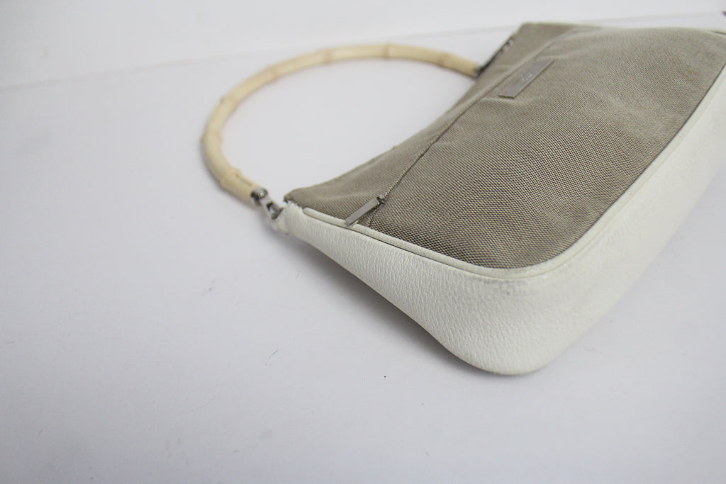 Gucci Canvas & White Leather Bamboo Shoulder Bag