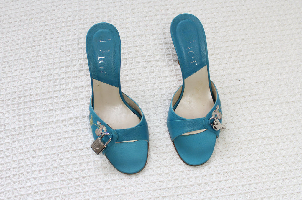 Christian Dior Blue Leather Padlock Mule Heels EU 38