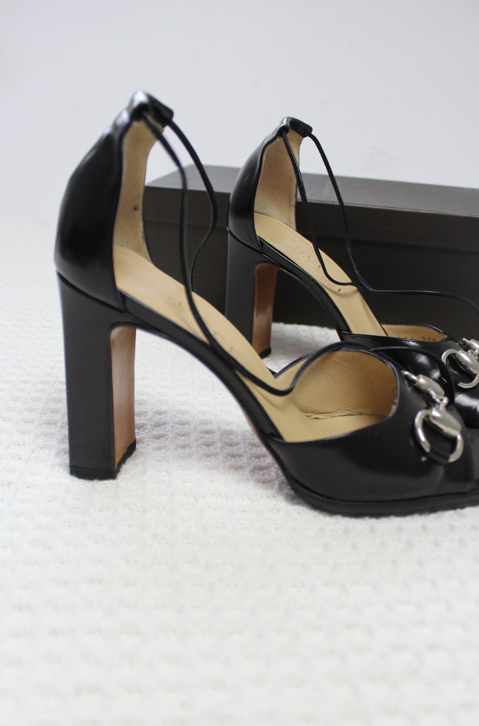 Gucci Black Leather Horsebit Open Toe Heels EU 37