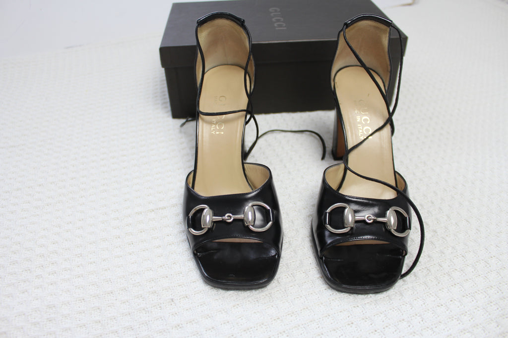 Gucci Black Leather Horsebit Open Toe Heels EU 37