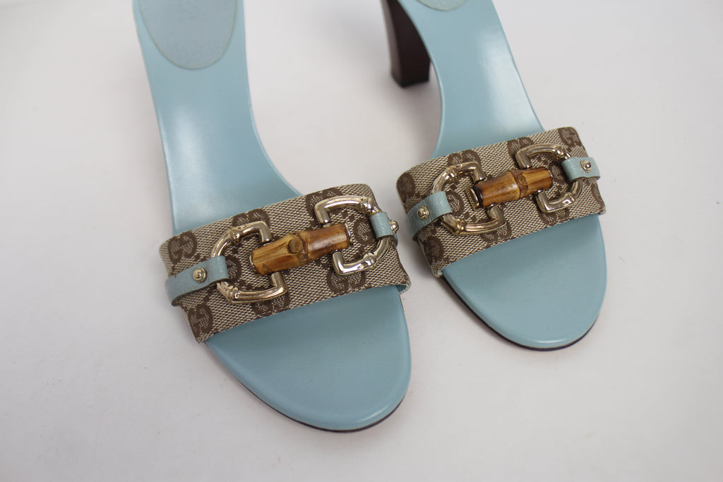 Gucci Blue Monogram & Bamboo Heels 38.5