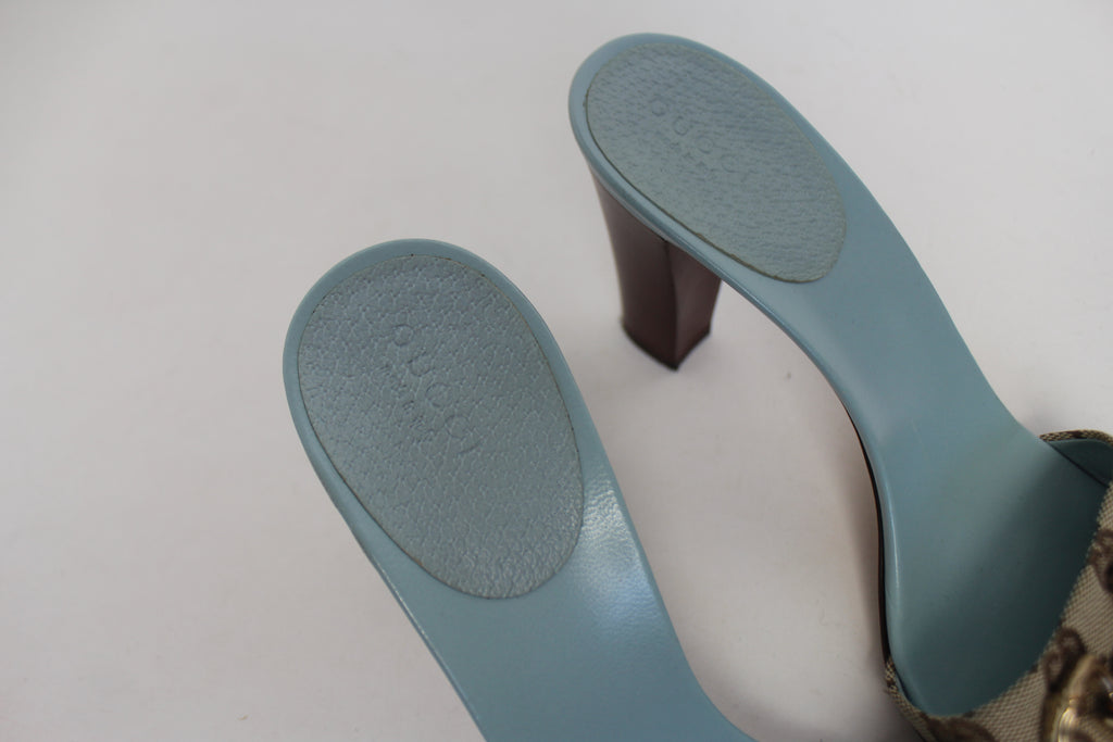 Gucci Blue Monogram & Bamboo Heels 38.5