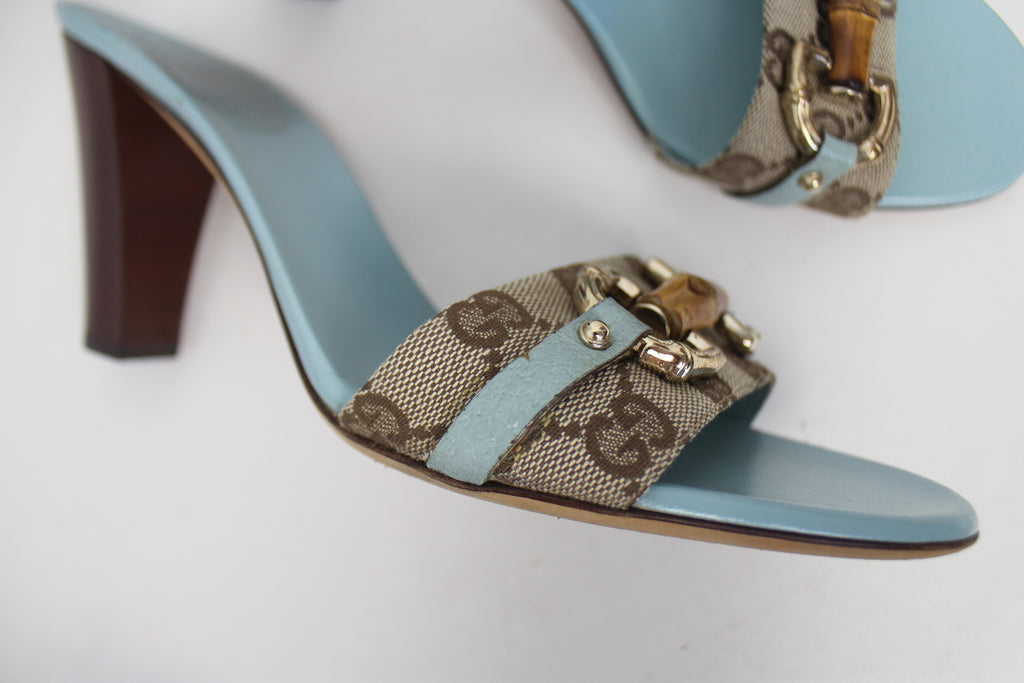 Gucci Blue Monogram & Bamboo Heels 38.5