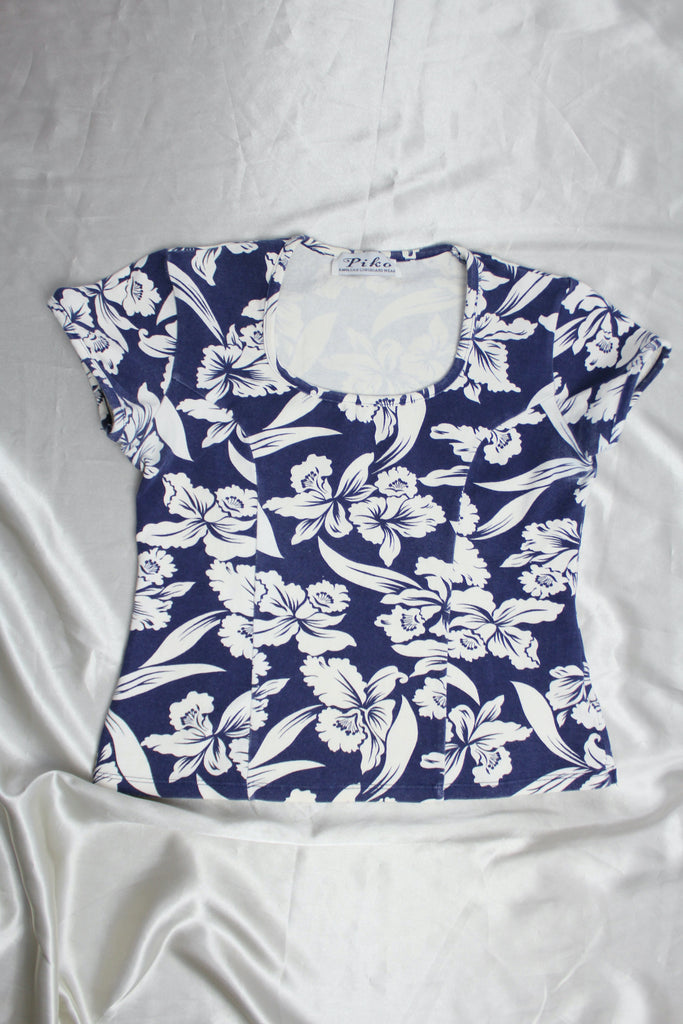 Blue Hawaiian Print Square Neck Top