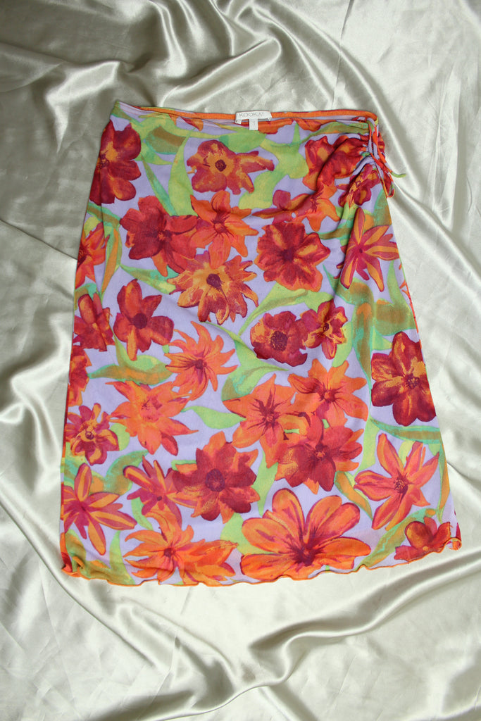 Kookai Bright Floral Lettuce Hem Midi Skirt