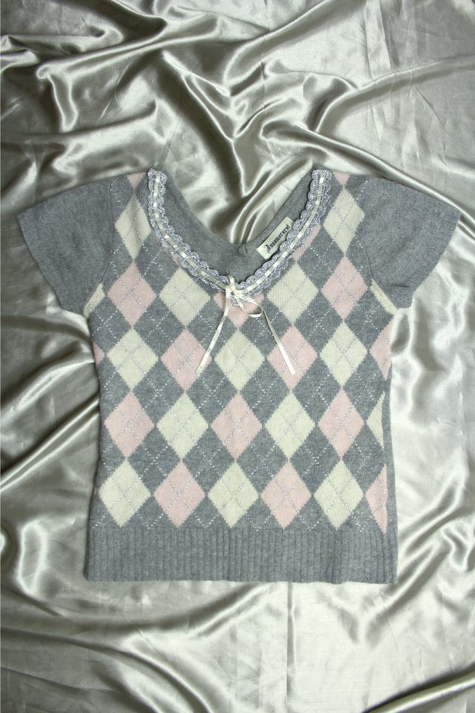 Grey, Pink & White Argyle Knit Top