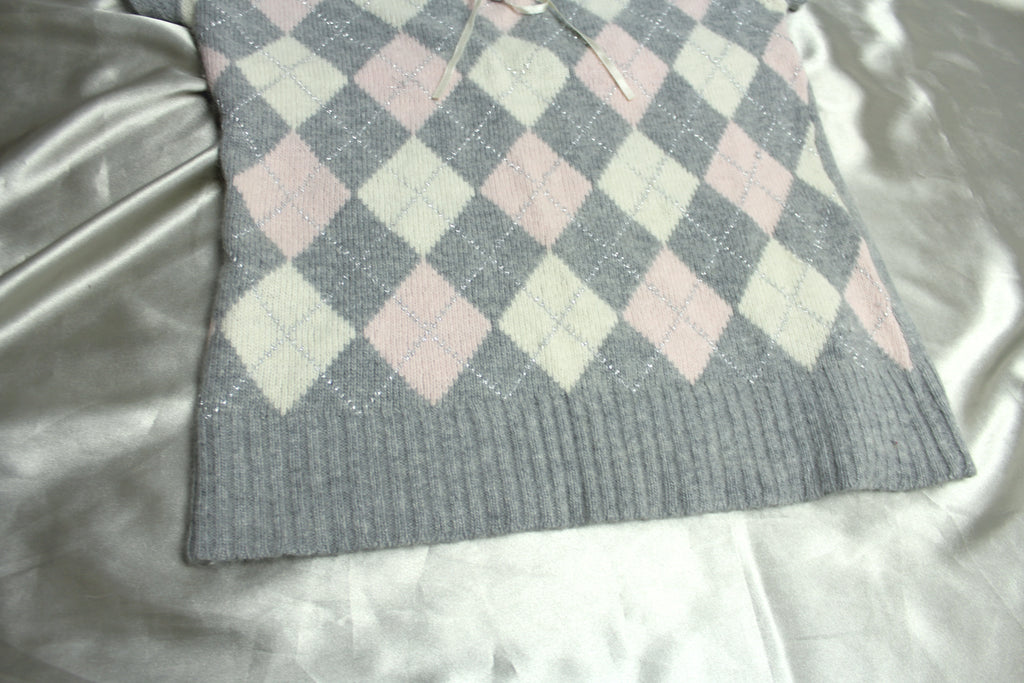 Grey, Pink & White Argyle Knit Top