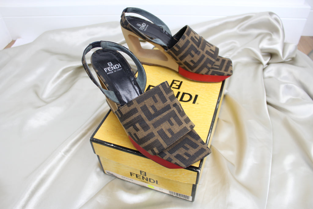 Fendi Zucca Open Toe Wedge Heels EU 37