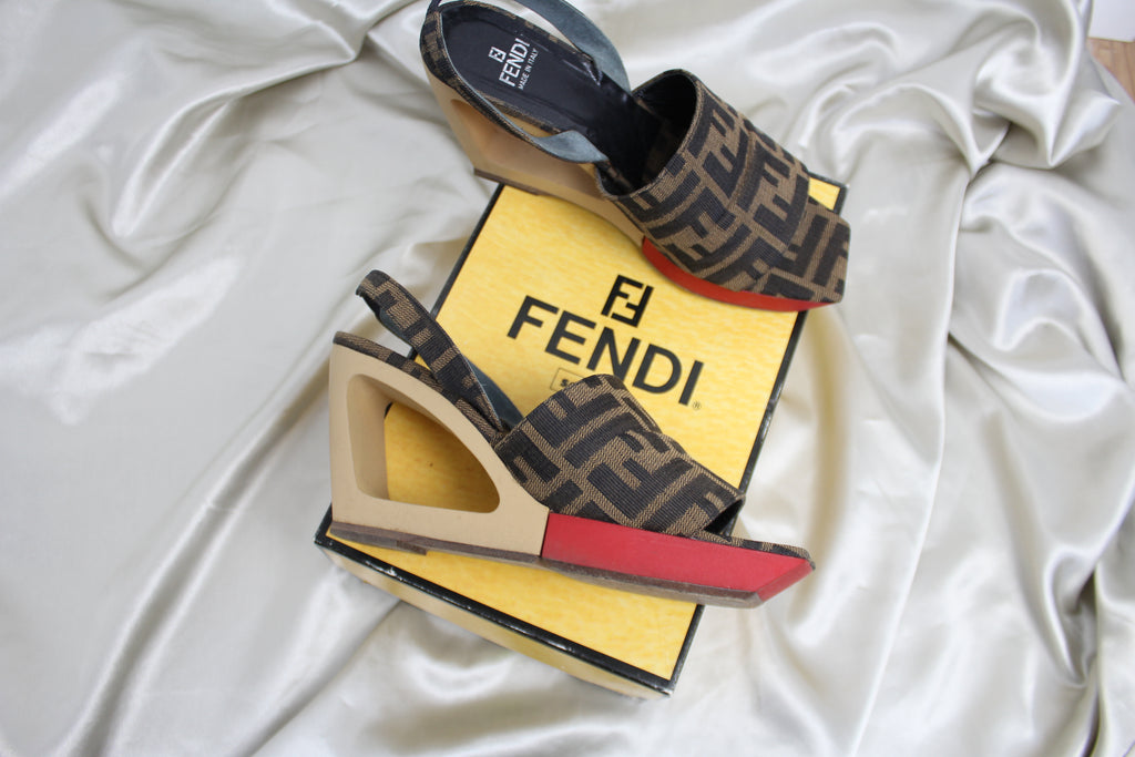 Fendi Zucca Open Toe Wedge Heels EU 37