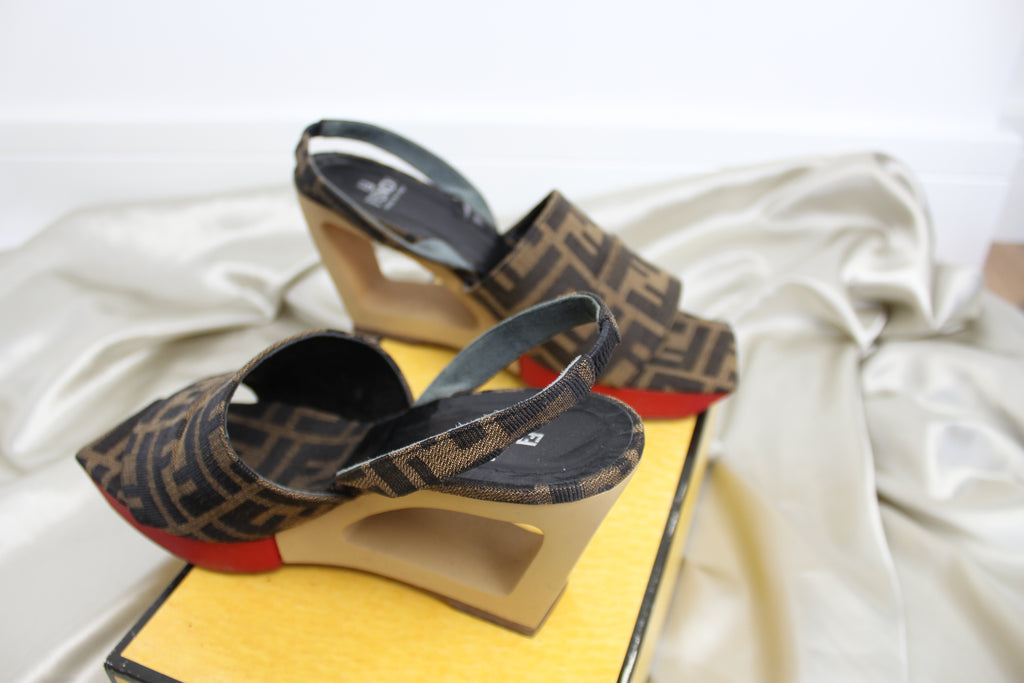 Fendi Zucca Open Toe Wedge Heels EU 37