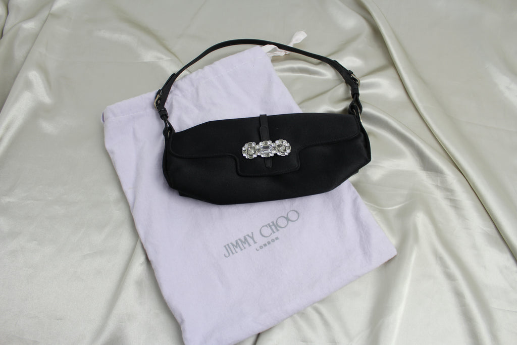 Jimmy Choo Black Satin Crystal Detail Shoulder Bag
