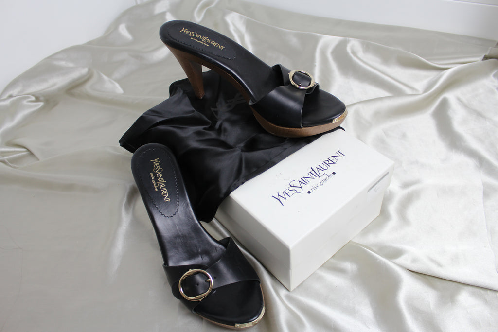 Yves Saint Laurent Black Leather Wooden Clog Heels UK 7