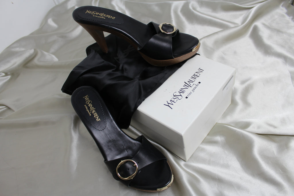 Yves Saint Laurent Black Leather Wooden Clog Heels UK 7