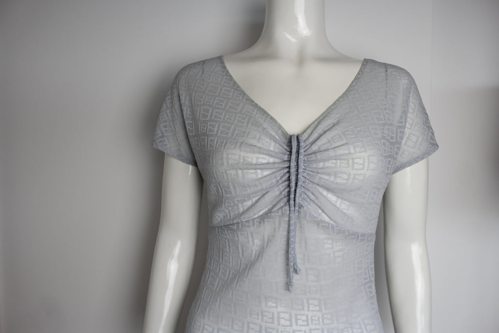 Fendi Grey Zucca Semi Sheer Ruched Top S-M