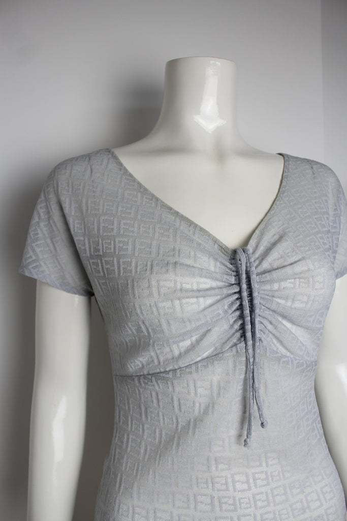 Fendi Grey Zucca Semi Sheer Ruched Top S-M