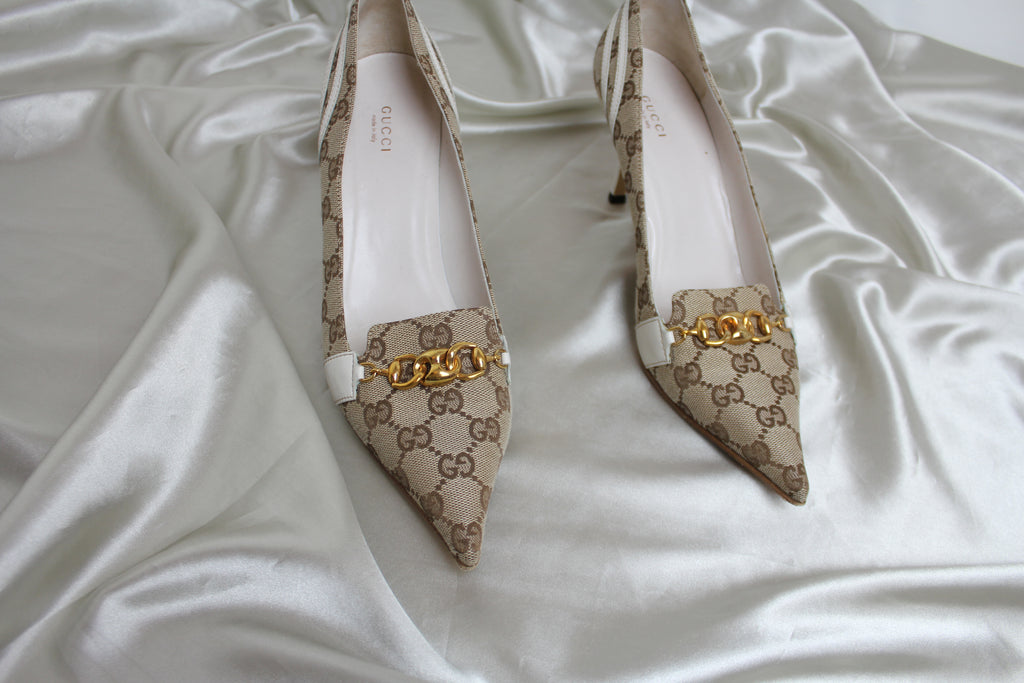 Gucci GG Logo Monogram Gold Chain Heels EU 40