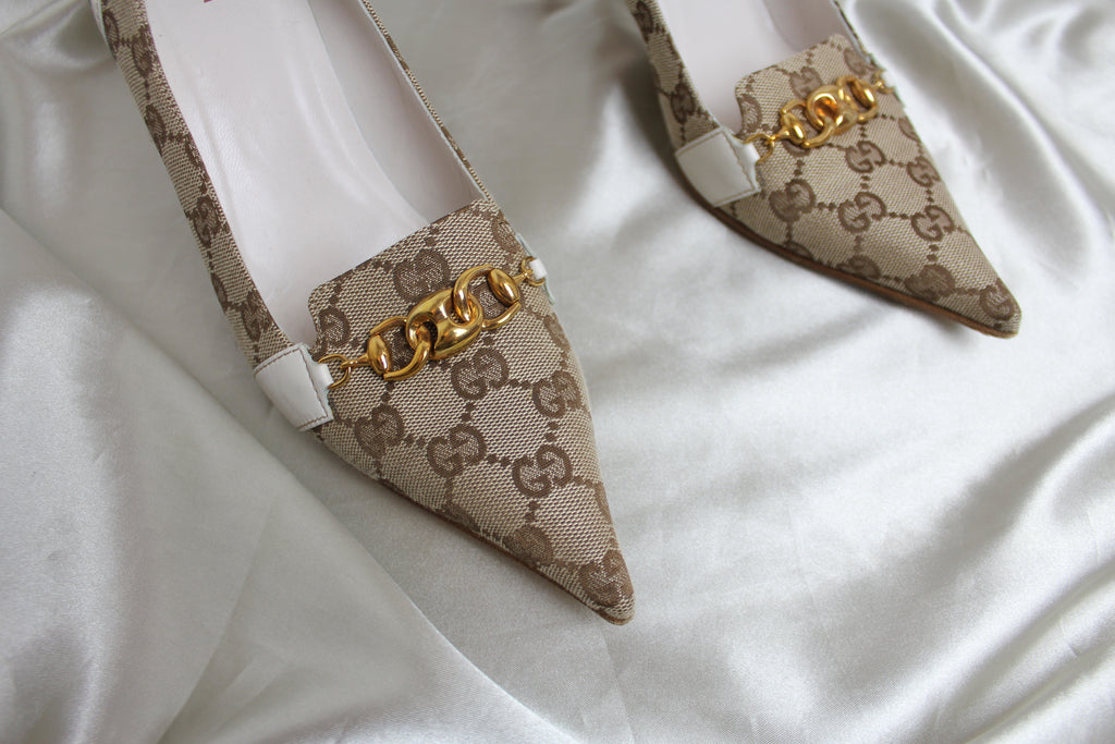 Gucci GG Logo Monogram Gold Chain Heels EU 40