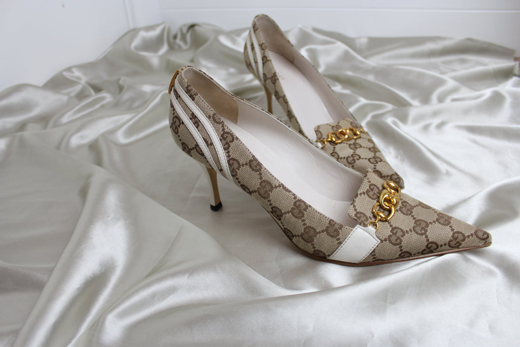 Gucci GG Logo Monogram Gold Chain Heels EU 40